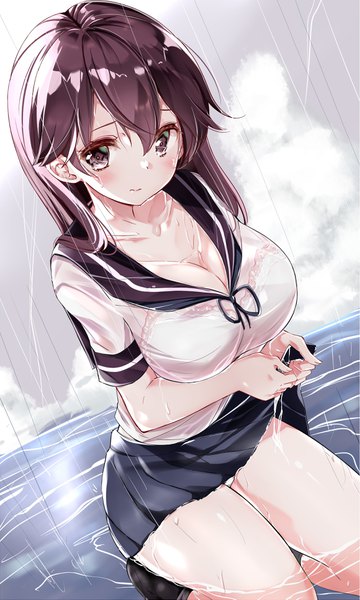 Anime picture 2320x3870 with kantai collection ushio destroyer hamaken. (novelize) single long hair tall image looking at viewer blush fringe highres breasts light erotic black hair hair between eyes large breasts cleavage outdoors pleated skirt wet embarrassed