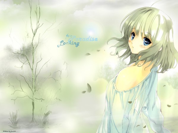 Anime picture 1600x1200 with original ueda ryou looking at viewer blush short hair blue eyes blonde hair bare shoulders ahoge looking back wind inscription wallpaper girl plant (plants) tree (trees)