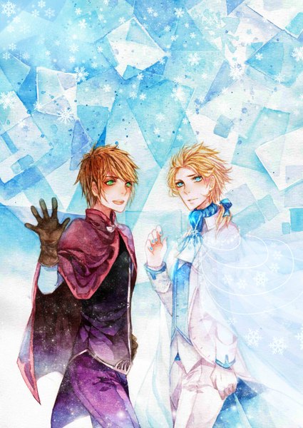 Anime picture 2149x3035 with frozen (disney) disney elsa (frozen) anna (frozen) fetonmax long hair tall image highres short hair blue eyes blonde hair brown hair standing green eyes nail polish multiple boys winter blue background snow face to face
