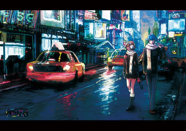 Anime picture 1414x1000 with vocaloid kaito (vocaloid) meiko chevasis (artist) fringe short hair brown hair holding blue hair night city walking city lights street girl boy skirt shoes jacket boots