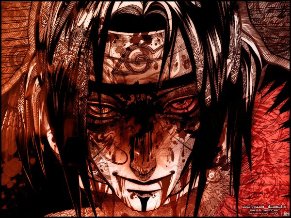 Anime picture 1600x1200 with naruto studio pierrot naruto (series) uchiha itachi single short hair black hair portrait face akatsuki boy blood feather (feathers) bandana