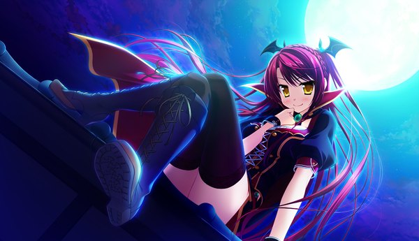 Anime picture 1280x738 with magical marriage lunatics!! luce yami asutarite yamakaze ran single long hair blush smile wide image sitting yellow eyes game cg full body red hair night crossed legs lacing hand to mouth lace-up boots girl thighhighs
