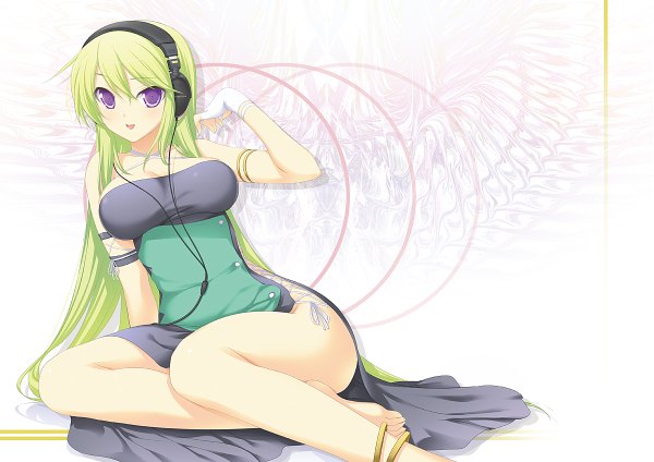 Anime picture 1200x848 with 47agdragon single long hair breasts light erotic large breasts purple eyes green hair girl headphones