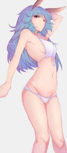 Anime picture 1681x3815 with granblue fantasy ferri (granblue fantasy) kameponde single long hair tall image looking at viewer fringe light erotic simple background red eyes standing bare shoulders animal ears blue hair purple hair one eye closed multicolored hair grey background bare legs