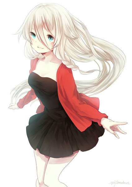 Anime picture 708x1000 with vocaloid ia (vocaloid) yuji kazakiri single long hair tall image simple background white background signed looking away white hair braid (braids) aqua eyes girl dress black dress blouse