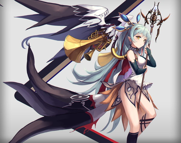 Anime picture 2130x1696 with original eruthika single looking at viewer fringe highres light erotic simple background standing holding yellow eyes tail very long hair animal tail pointy ears aqua hair grey background multiple tails asymmetrical legwear girl