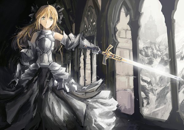 Anime picture 1175x831 with fate (series) fate/unlimited codes type-moon artoria pendragon (all) saber lily single fringe blonde hair standing holding looking away aqua eyes glowing glowing weapon girl dress bow weapon hair bow sword