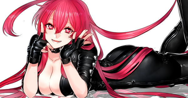 Anime picture 952x500 with original katagiri hachigou single long hair looking at viewer blush fringe breasts open mouth light erotic simple background smile wide image large breasts white background pink hair cleavage bent knee (knees) ass lying