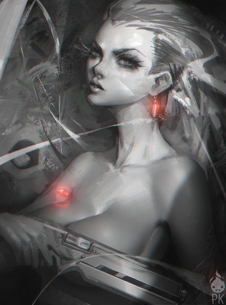 Anime picture 1024x1378 with original paul (shiramune) single long hair tall image looking at viewer breasts light erotic grey hair realistic grey eyes monochrome topless covering covering breasts spot color shirtless girl weapon earrings