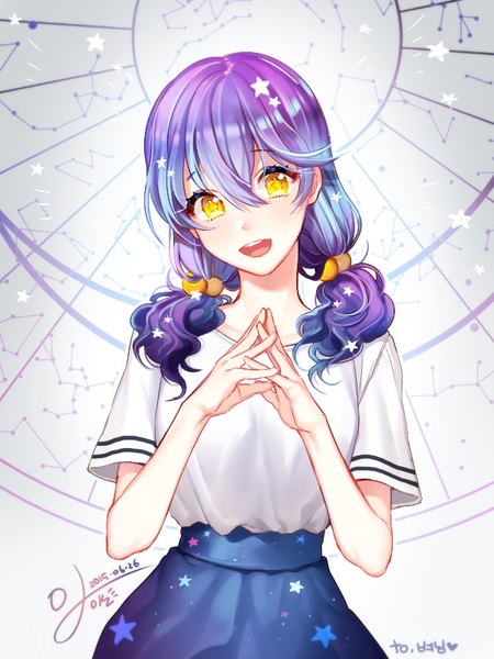 Anime picture 600x800 with original kakon single long hair tall image looking at viewer open mouth twintails signed yellow eyes purple hair low twintails dated symbol-shaped pupils constellation girl skirt hair ornament star (symbol) hair tie