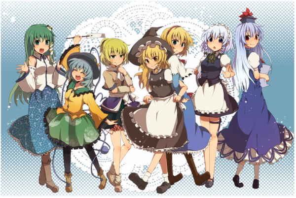 Anime picture 1358x912 with touhou kirisame marisa izayoi sakuya kochiya sanae alice margatroid komeiji koishi kamishirasawa keine mizuhashi parsee aoi (annbi) long hair short hair open mouth blue eyes blonde hair red eyes multiple girls green eyes blue hair white hair green hair