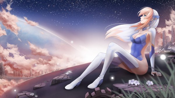 Anime picture 2000x1121 with birdy the mighty birdy cephon altera sunimu single long hair looking at viewer highres breasts blue eyes light erotic wide image sitting cloud (clouds) profile multicolored hair two-tone hair girl flower (flowers) bodysuit
