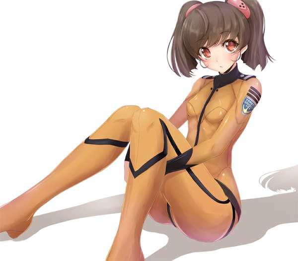 Anime picture 1000x877 with uchuu senkan yamato misaki yuria avy417 looking at viewer blush short hair simple background red eyes brown hair white background twintails shadow short twintails girl bodysuit