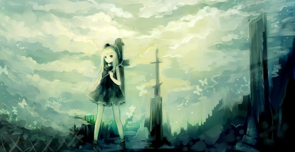 Anime picture 1500x776 with original hanchan single long hair looking at viewer blue eyes wide image bare shoulders sky cloud (clouds) white hair girl dress headdress insect butterfly cross