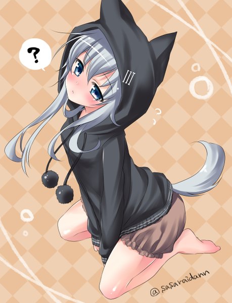 Anime picture 969x1266 with kantai collection hibiki destroyer sasachin (k+w) single long hair tall image blush fringe blue eyes sitting animal ears silver hair bent knee (knees) tail animal tail barefoot bare legs embarrassed no shoes kneeling