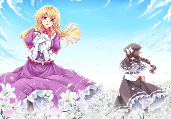 Anime picture 1280x894 with touhou usami renko maribel hearn windart long hair looking at viewer open mouth black hair blonde hair multiple girls sky cloud (clouds) outdoors pink eyes nature girl dress gloves flower (flowers) bow