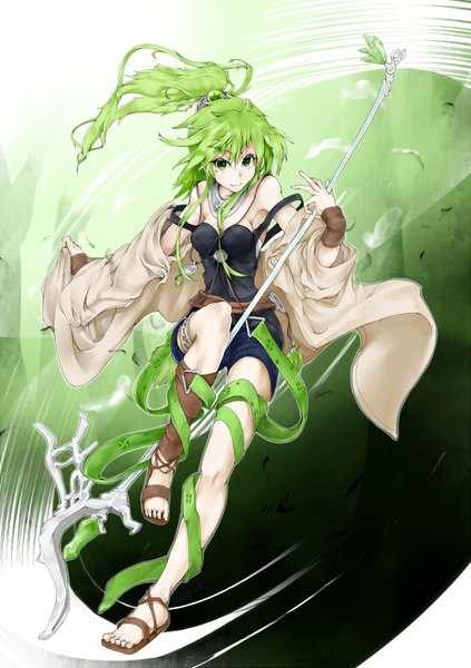 Anime picture 1200x1700 with yu-gi-oh! winda priestess of gusto single long hair tall image smile bare shoulders green eyes ponytail green hair girl pendant staff