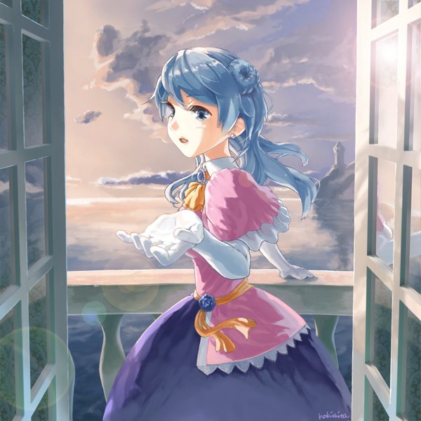 Anime picture 1600x1600 with kantai collection urakaze destroyer nokishitausagi single long hair fringe open mouth blue eyes standing blue hair looking away sky cloud (clouds) alternate costume outstretched arm horizon girl dress gloves earrings