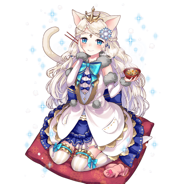 Anime picture 1024x1024 with uchi no hime-sama ga ichiban kawaii tagme (artist) single long hair blue eyes simple background smile sitting animal ears white hair tail braid (braids) animal tail cat ears cat tail twin braids girl thighhighs hair ornament bow