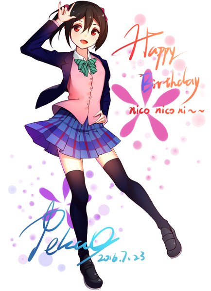 Anime picture 1071x1480 with love live! school idol project sunrise (studio) love live! yazawa nico pkq single tall image blush fringe short hair open mouth black hair smile hair between eyes red eyes white background signed payot looking away full body