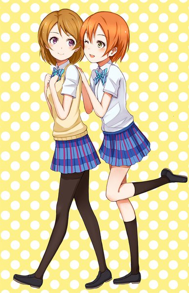 Anime picture 650x1007 with love live! school idol project sunrise (studio) love live! hoshizora rin koizumi hanayo purea tall image blush short hair open mouth brown hair standing purple eyes multiple girls green eyes looking away bent knee (knees) one eye closed looking back wink