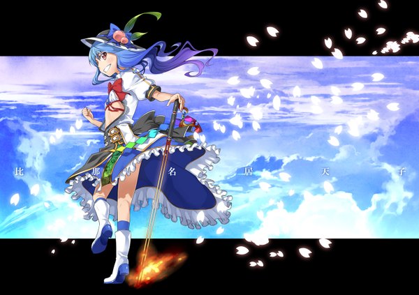 Anime picture 1630x1150 with touhou hinanawi tenshi yuuzii single long hair red eyes blue hair cloud (clouds) looking back girl dress weapon hat petals sword katana hisou no tsurugi