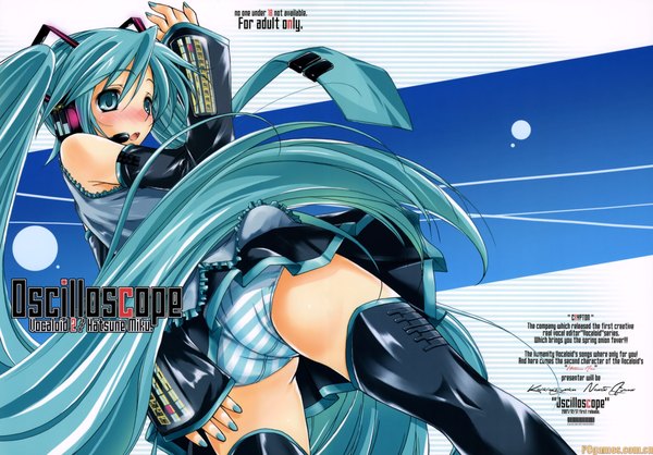 Anime picture 2296x1600 with vocaloid hatsune miku ayano naoto single blush highres light erotic standing twintails looking away very long hair nail polish aqua eyes aqua hair from below text upskirt girl thighhighs underwear
