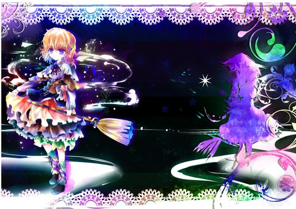 Anime picture 1470x1041 with touhou kirisame marisa kazu (muchuukai) short hair blonde hair purple eyes dual persona silhouette girl dress witch hat broom