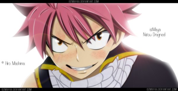 Anime picture 1600x823 with fairy tail natsu dragneel istmayaa single short hair smile wide image brown eyes pink hair inscription sleeveless portrait light face boy scarf