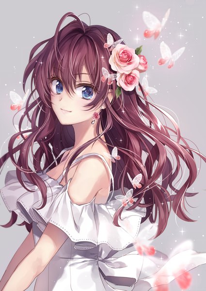 Anime picture 680x960 with idolmaster idolmaster cinderella girls ichinose shiki hagiwara rin single long hair tall image looking at viewer blush fringe blue eyes simple background hair between eyes brown hair ahoge upper body hair flower light smile blurry grey background