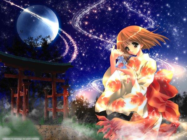 Anime picture 1600x1200 with original carnelian fightgirl (semanga) single looking at viewer short hair standing brown eyes outdoors traditional clothes japanese clothes orange hair night sparkle night sky third-party edit girl animal kimono moon