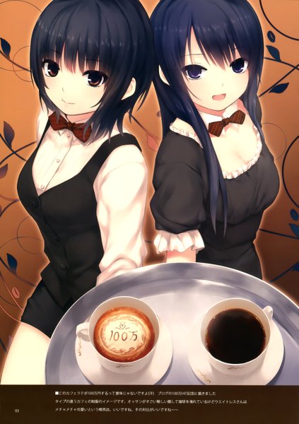 Anime picture 2117x3000 with original aoyama sumika shiramine rika coffee-kizoku long hair tall image highres short hair open mouth black hair smile purple eyes multiple girls yellow eyes maid girl dress 2 girls bowtie blouse