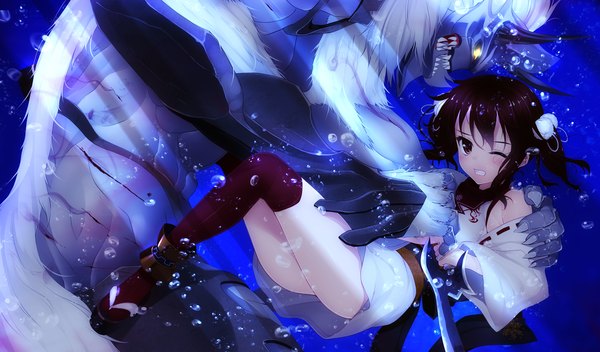 Anime picture 1700x1000 with shoujo shin'iki tsukamine miori short hair open mouth red eyes brown hair wide image twintails bare shoulders yellow eyes game cg ass profile zettai ryouiki short twintails underwater battle girl thighhighs weapon