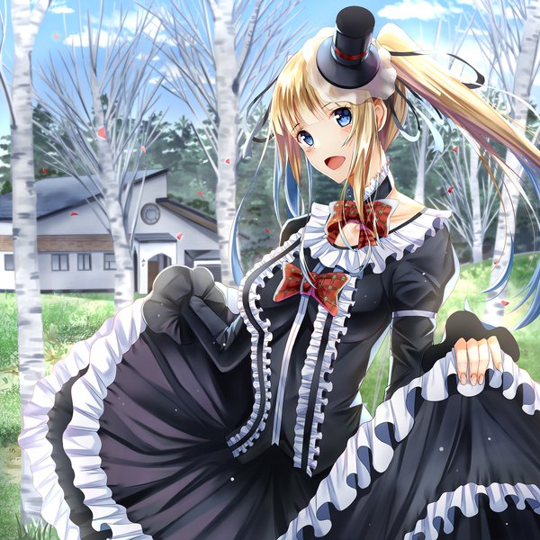 Anime picture 2000x2000 with saenai heroine no sodatekata a-1 pictures sawamura spencer eriri nicky w single long hair blush highres open mouth blue eyes blonde hair payot looking away sky side ponytail frilled dress lolita fashion girl dress plant (plants)