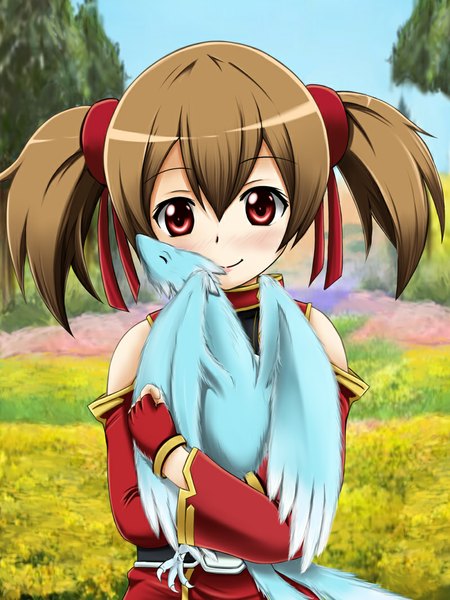 Anime picture 800x1067 with sword art online a-1 pictures silica pina (sao) fuuma nagi single long hair tall image looking at viewer blush smile red eyes brown hair twintails girl ribbon (ribbons) hair ribbon detached sleeves fingerless gloves dragon
