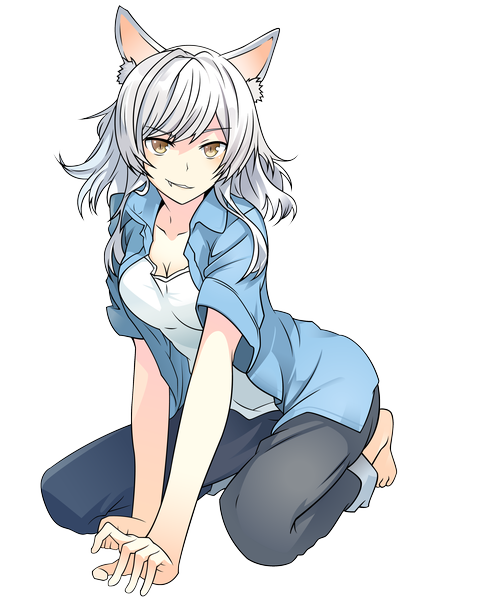 Anime picture 3504x4242 with bakemonogatari shaft (studio) monogatari (series) hanekawa tsubasa black hanekawa miz22 reviathestarf single long hair tall image looking at viewer highres brown eyes animal ears absurdres silver hair barefoot cat ears teeth cat girl