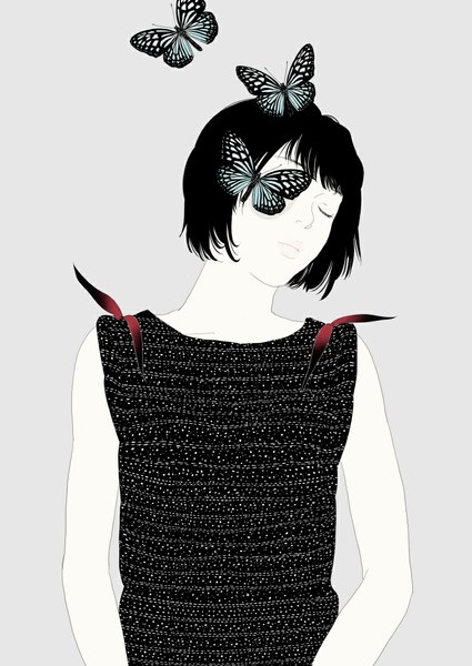 Anime picture 800x1130 with original re:i single tall image fringe short hair black hair simple background eyes closed grey background girl dress insect butterfly