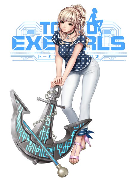 Anime picture 900x1200 with tokyo exe girls masami chie single long hair tall image looking at viewer fringe blonde hair white background brown eyes full body inscription high heels leaning leaning forward copyright name polka dot girl choker pendant