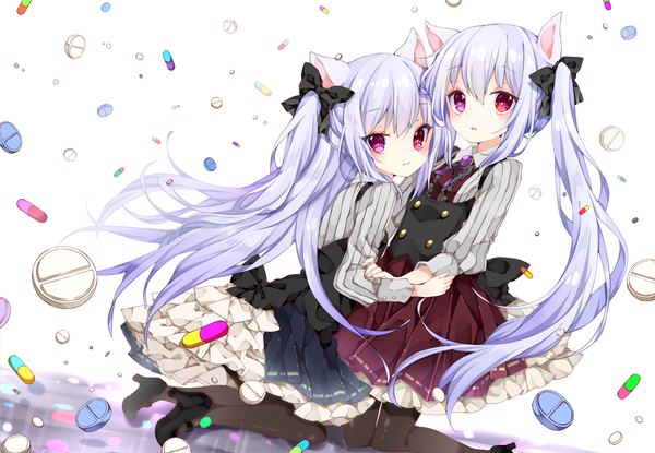 Anime picture 1228x850 with original chico152 long hair blush fringe red eyes sitting multiple girls animal ears purple hair parted lips pink eyes light smile cat ears cat girl loli heterochromia kneeling side ponytail holding hands