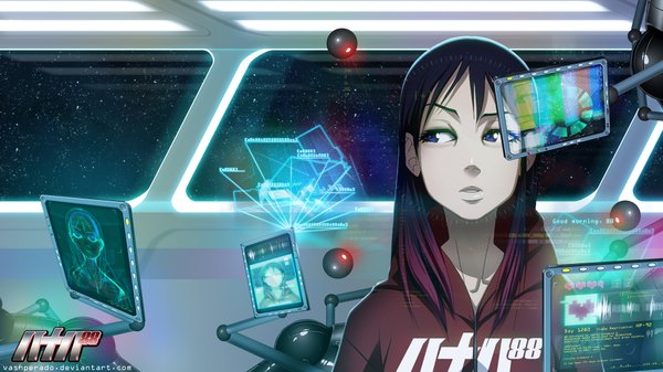 Anime picture 1920x1080 with original vashperado single long hair highres blue eyes black hair wide image pink hair multicolored hair two-tone hair space science fiction girl star (stars)