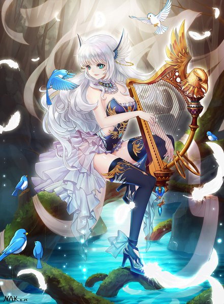 Anime picture 1200x1633 with original nak (nak166) single long hair tall image fringe breasts blue eyes light erotic sitting cleavage silver hair high heels turning head head wings playing instrument girl thighhighs black thighhighs animal