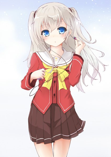 Anime picture 707x1000 with charlotte p.a. works tomori nao mokichi812 single long hair tall image blush fringe blue eyes simple background standing looking away wind grey hair two side up surprised hand on headphones girl skirt
