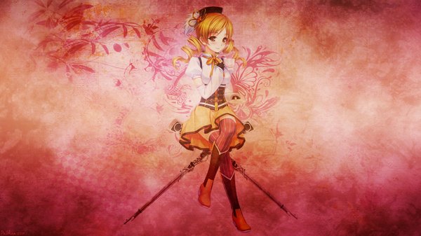 Anime picture 1600x900 with mahou shoujo madoka magica shaft (studio) tomoe mami single long hair blush blonde hair wide image twintails brown eyes light smile crossed legs drill hair girl thighhighs weapon detached sleeves gun rifle musket