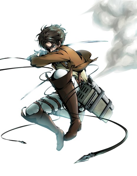 Anime picture 886x1142 with shingeki no kyojin production i.g eren yaeger marichi single tall image short hair blue eyes simple background brown hair white background holding jumping steam dual wielding weapon sword jacket boots belt