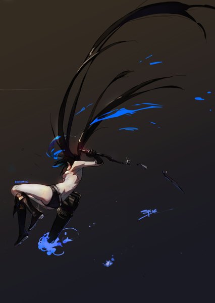 Anime picture 1240x1748 with black rock shooter black rock shooter (character) spices single tall image breasts light erotic black hair simple background twintails signed very long hair inscription sideboob glowing jumping broken broken weapon girl gloves