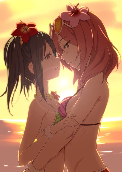 Anime picture 868x1228 with love live! school idol project sunrise (studio) love live! nishikino maki yazawa nico clearite tall image short hair light erotic black hair red eyes standing bare shoulders multiple girls profile hair flower orange hair bare belly hug evening