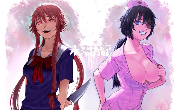 Anime picture 1920x1200 with mirai nikki gasai yuno uryuu minene lasterk long hair looking at viewer highres breasts light erotic black hair smile red eyes wide image large breasts purple eyes multiple girls ponytail red hair open clothes bandage over one eye