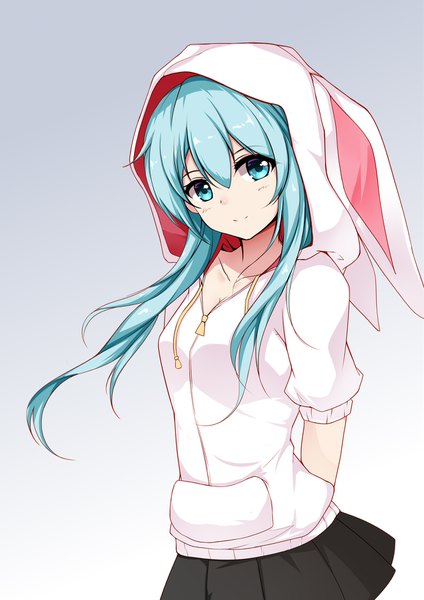 Anime picture 1240x1754 with vocaloid hatsune miku qingye ling single long hair tall image looking at viewer fringe simple background smile hair between eyes animal ears pleated skirt aqua eyes aqua hair bunny ears gradient background fake animal ears hands behind back animal hood