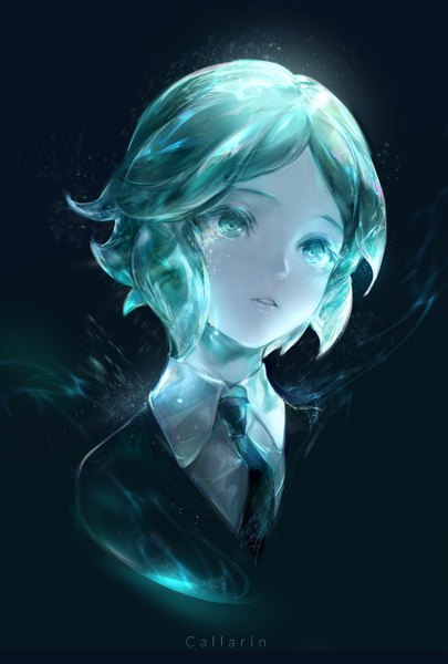 Anime picture 1181x1748 with houseki no kuni phosphophyllite callarinc single tall image short hair simple background green eyes signed looking away parted lips green hair black background portrait androgynous necktie