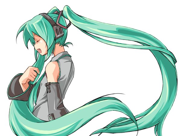 Anime picture 1600x1200 with vocaloid hatsune miku open mouth white background twintails bare shoulders eyes closed profile girl detached sleeves headphones vest